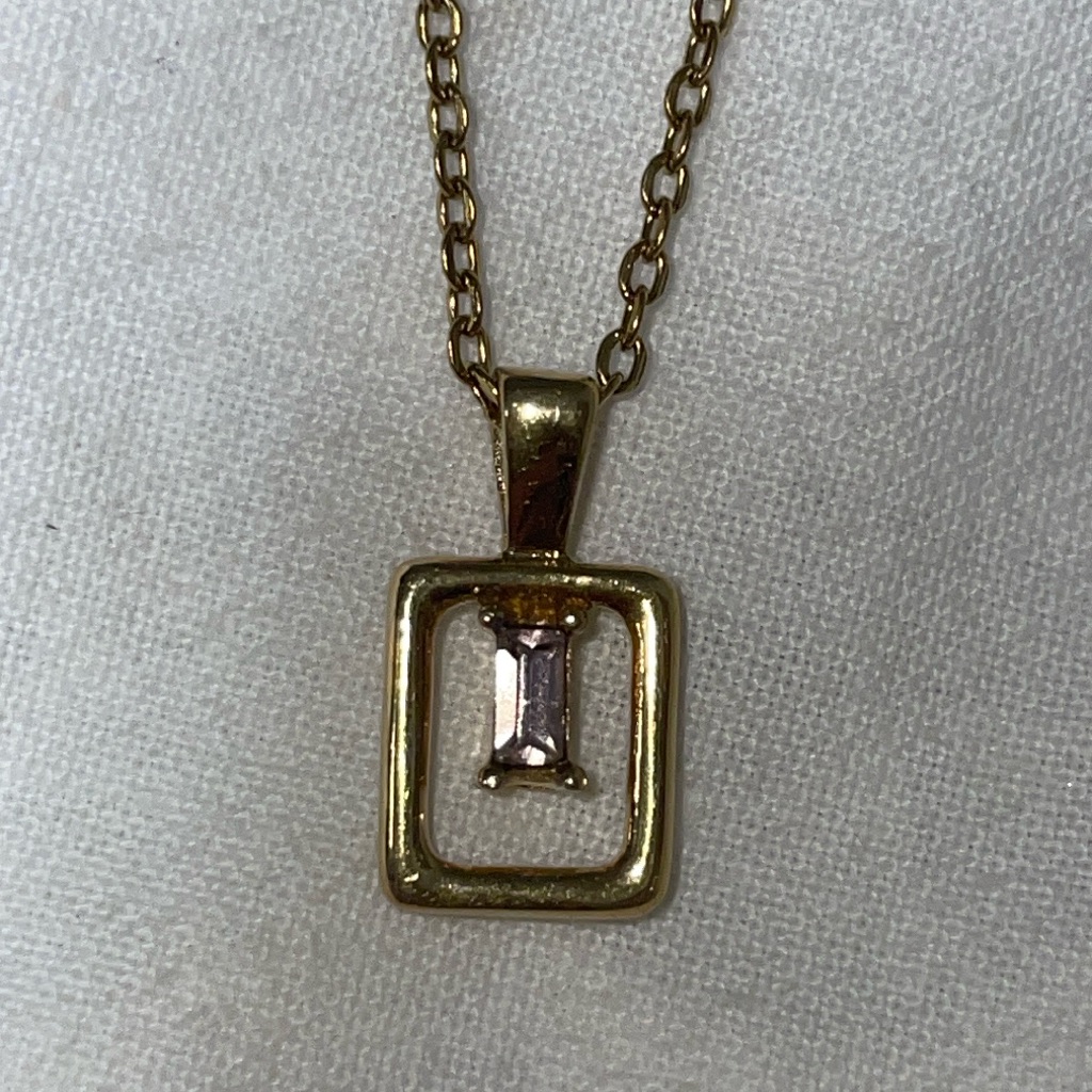 Vintage Gold Tone Emerald Cut Cubic Zirconia Pendant Necklace Lobster Clasp 16